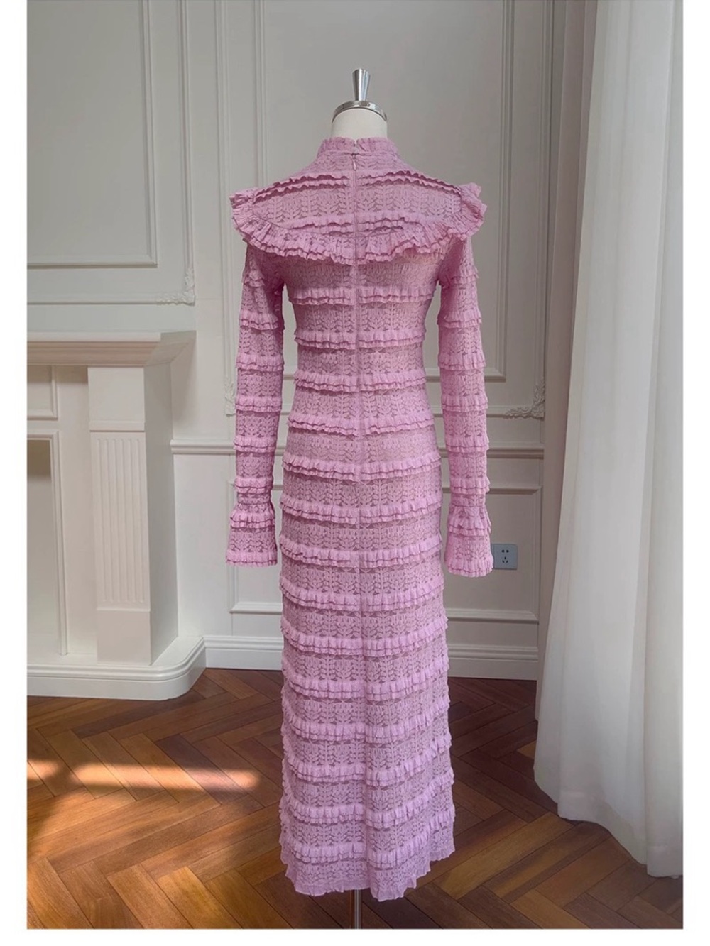 Pink Ruffled Knit Long Sleeve Midi Dress Victorian French Elegant Gown - Picture 7 of 16